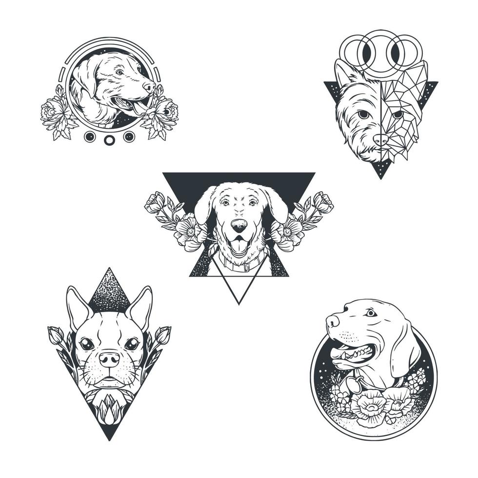 Minimalist Tattoo Drawing Hand Sticker Set With Pet Puppy Theme vector