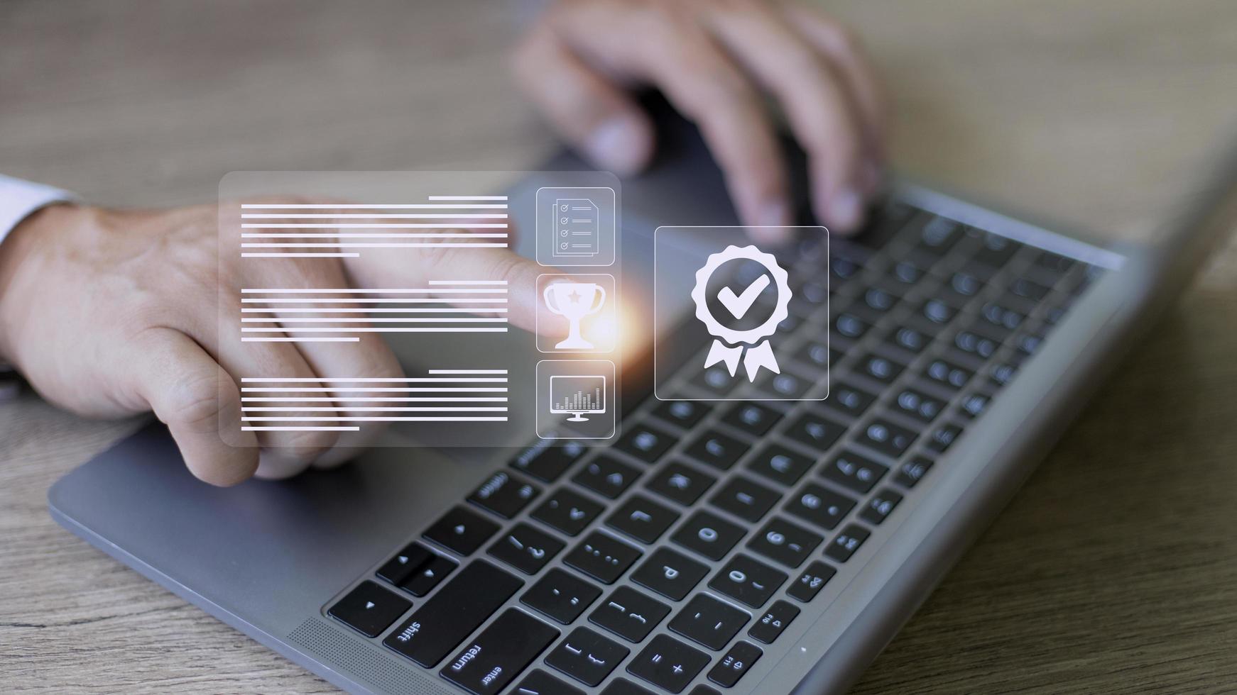 A businessman operating with the quality assurance, guarantee, standards, ISO certification, and standardization notion as proof of top service. photo