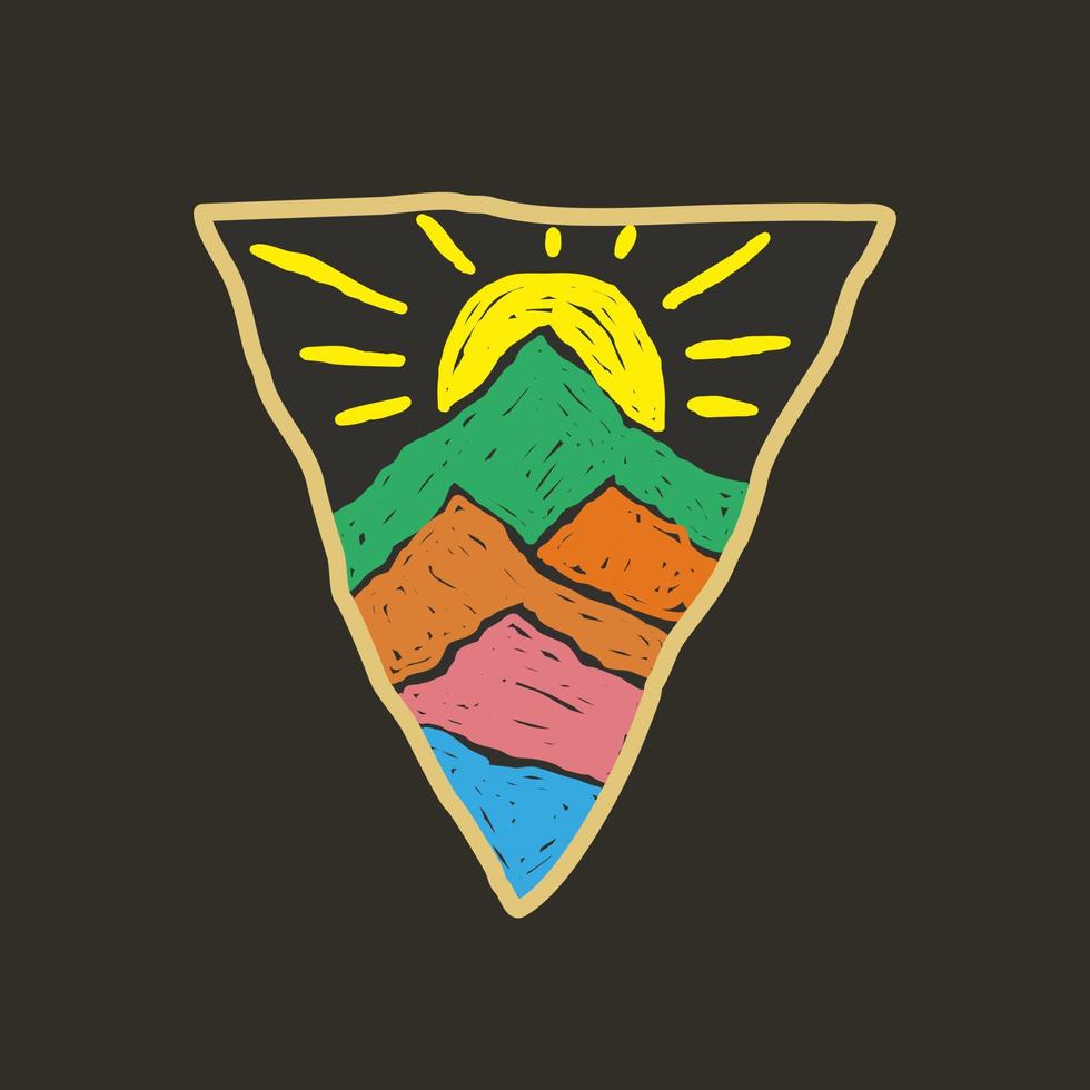 big sun and mountains nature wildlife design for badge, sticker, patch, t shirt design vector
