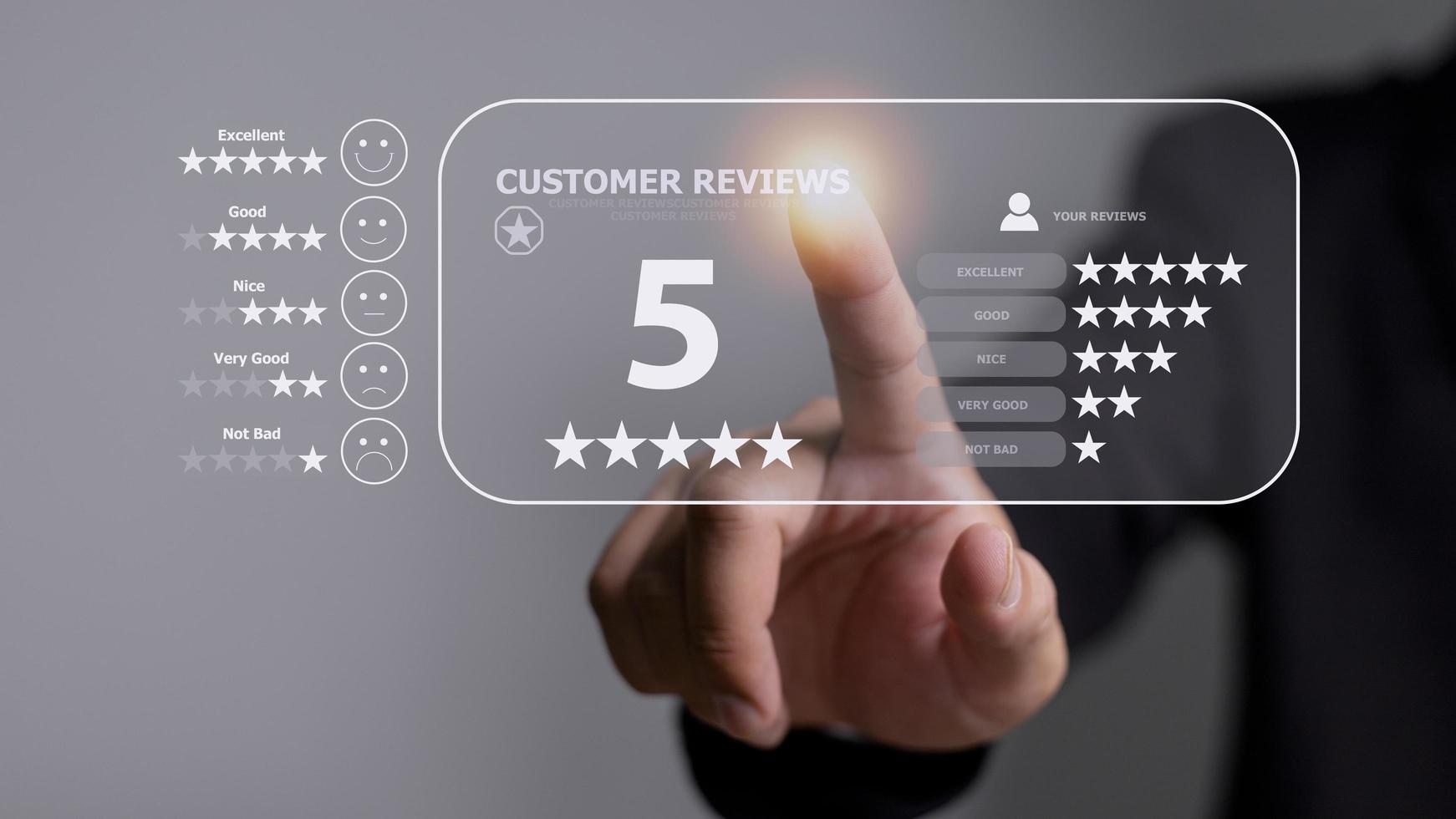 User gives rating to service experience on online application, Customer review satisfaction feedback survey concept, Customer can evaluate quality of service leading to reputation ranking of business. photo