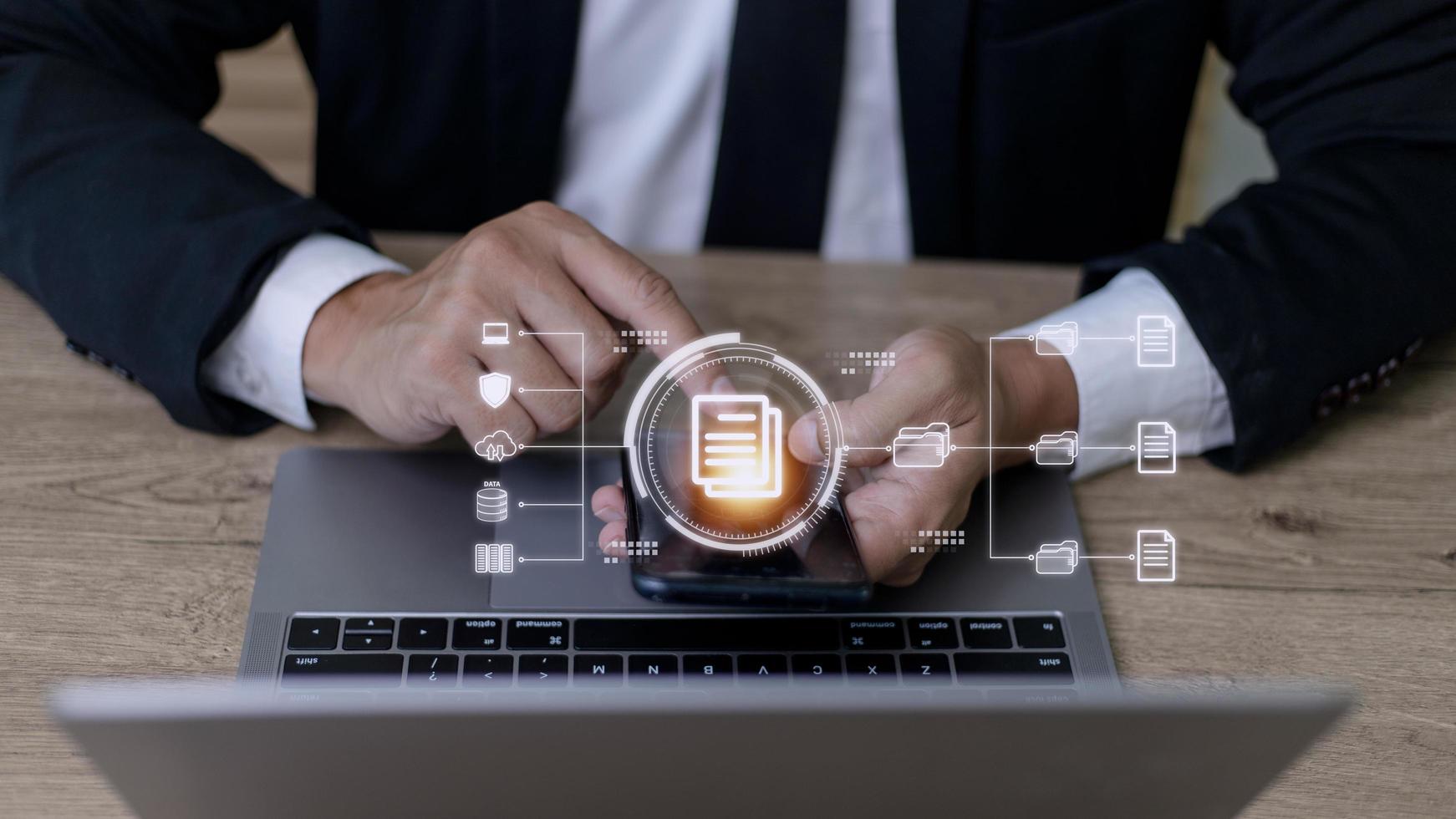 Businessman using a Smartphone to document management concept, online documentation database and digital file storage system or software, records keeping, database technology, file access, doc sharing photo