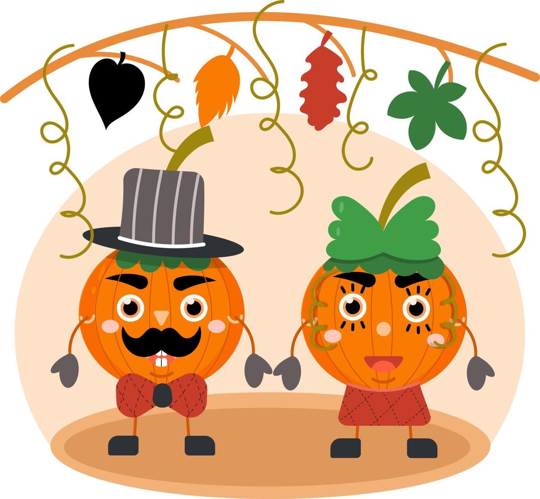 Funny pumpkins. Autumn leaves and atmosphere. Vector flat illustration.