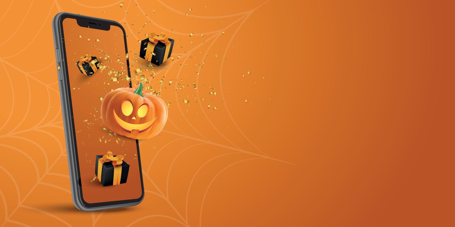 Halloween sale banner with smartphone and pumpkin vector