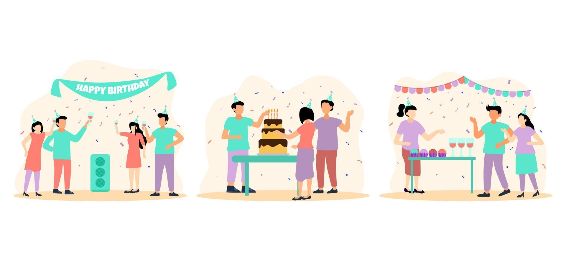 diseño de paquete plano de escena de fiesta de cumpleaños con amigos vector