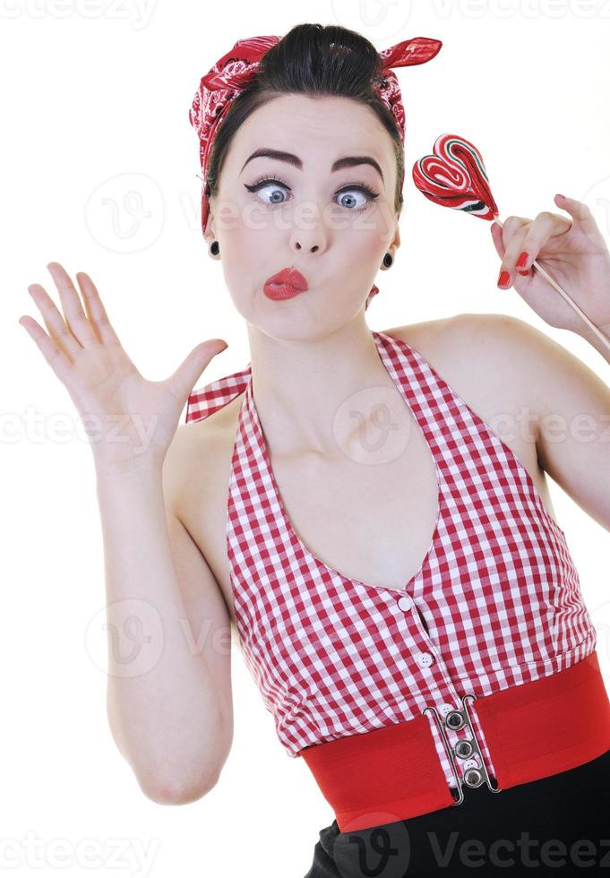happy woman with lollipop isolated on white photo