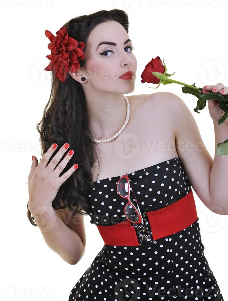 young woman with rose flower isolated on white photo