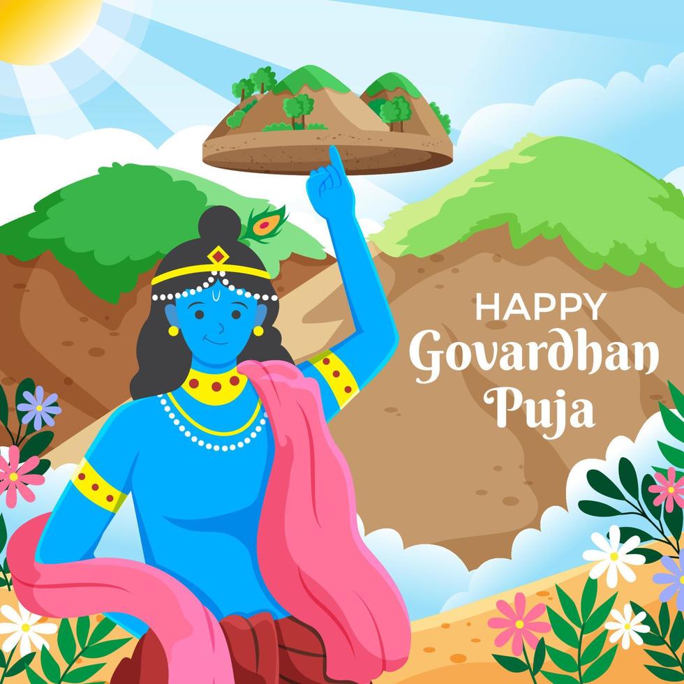 feliz govardhan puja con dios krishna ilustración vector