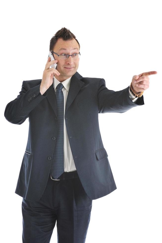 one businessman with cellphone isolated on white photo