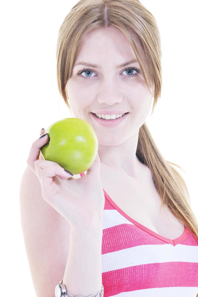 happy  young  woman eat green apple isolated  on white photo