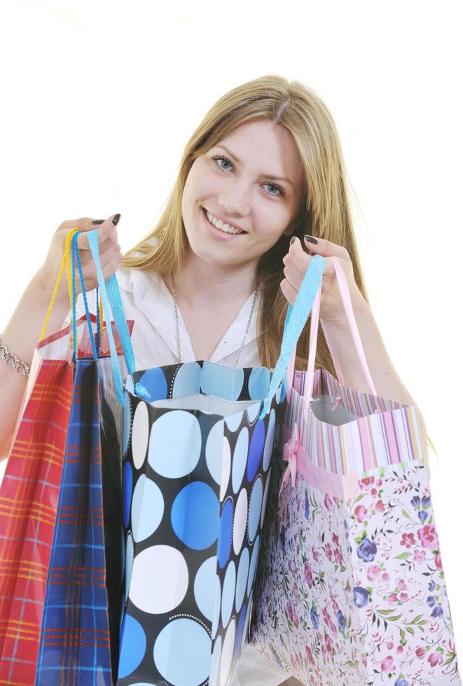 happy young adult women  shopping with colored bags photo