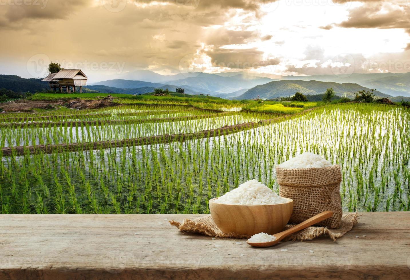Jasmine Rice In Bowl And Sack On Wooden Table With The Rice Field jasmine-rice-in-bowl-and-sack-on-wooden-table-with-the-rice-field