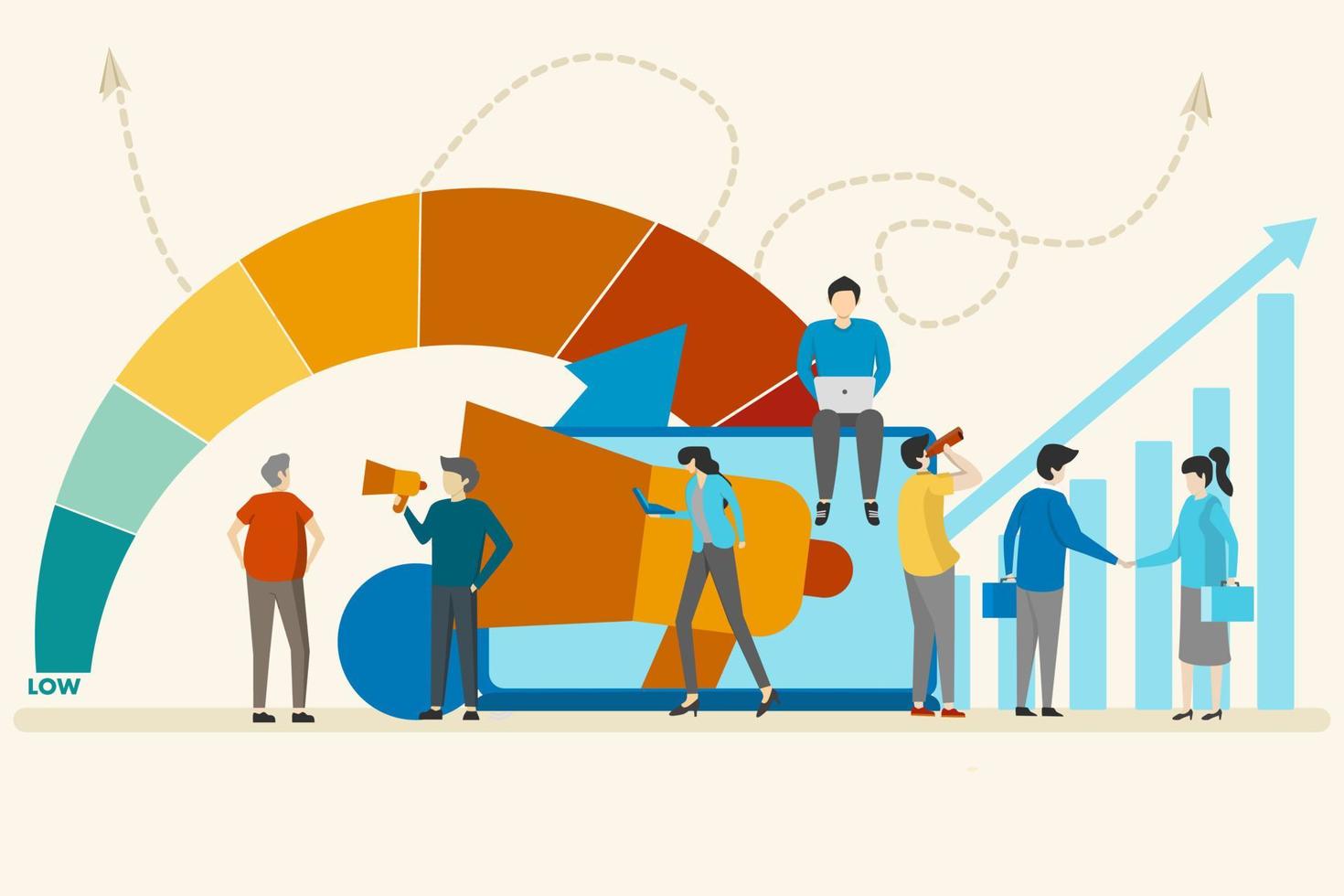 Noisy big laptop and megaphone. The speaker announces the news to the target audience. Can be used for marketing concepts, promotions, impacted communications and digital marketing vector