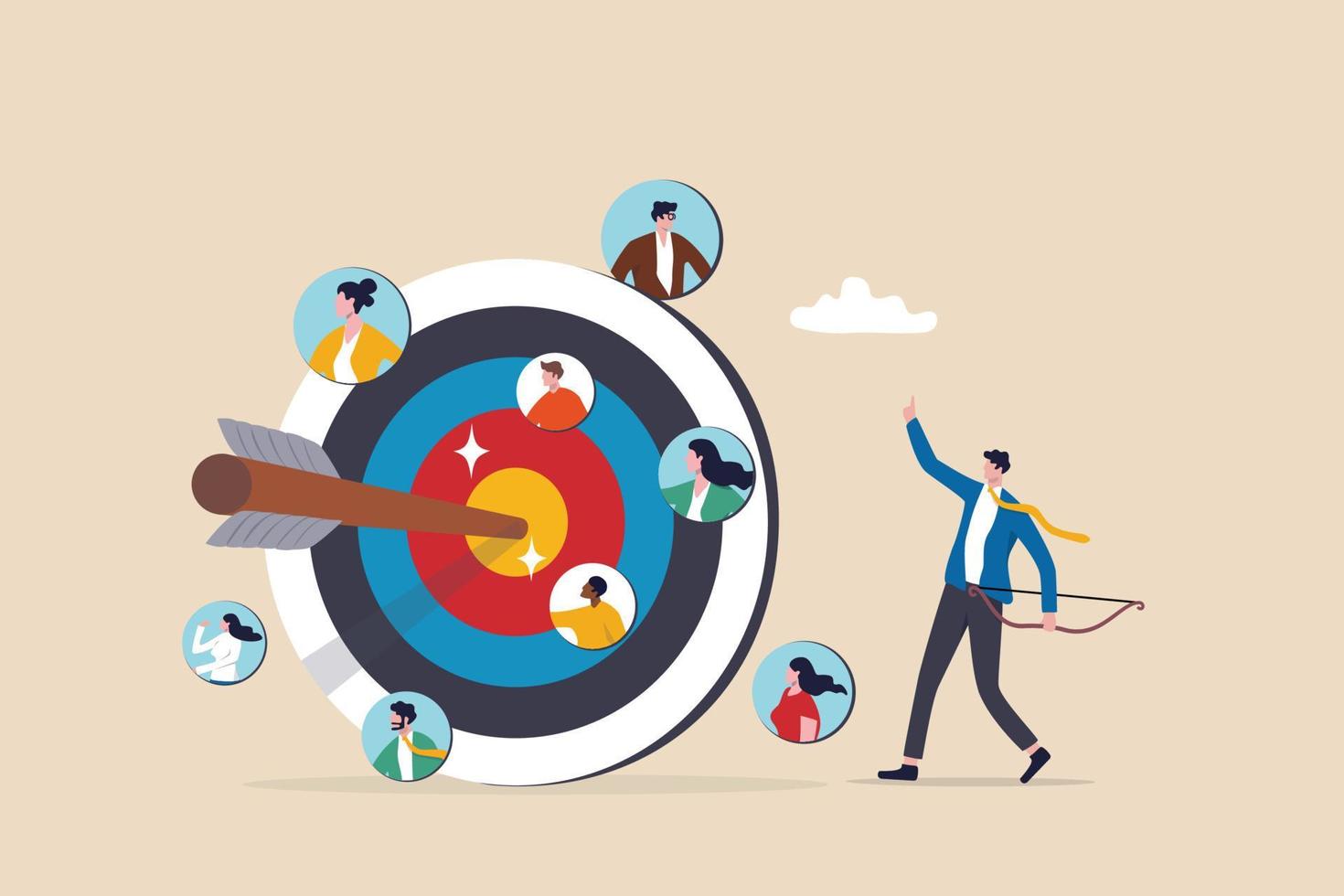 Target audience for advertising, HR finding candidate for job vacancy, finding customer or client, people focus group research concept, businessman shooting bow on people target bullseye. vector