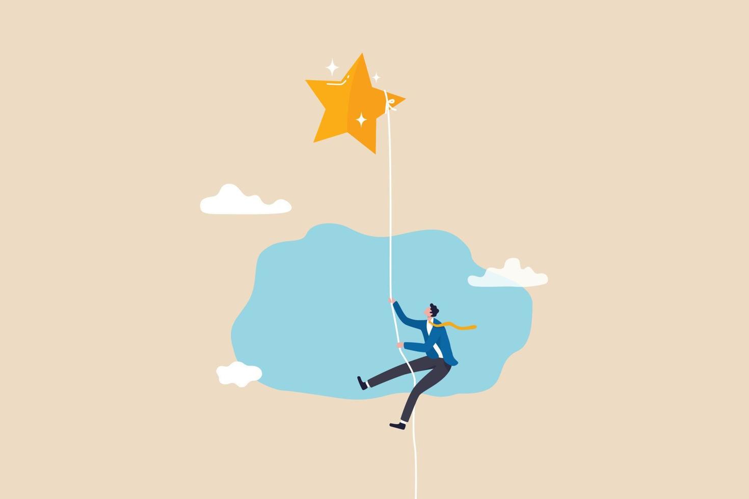 Effort to achieve goal or success, courage or risk taking to win business or career growth, reaching goal or finish mission concept, strong businessman rope climbing full effort to reach the star. vector