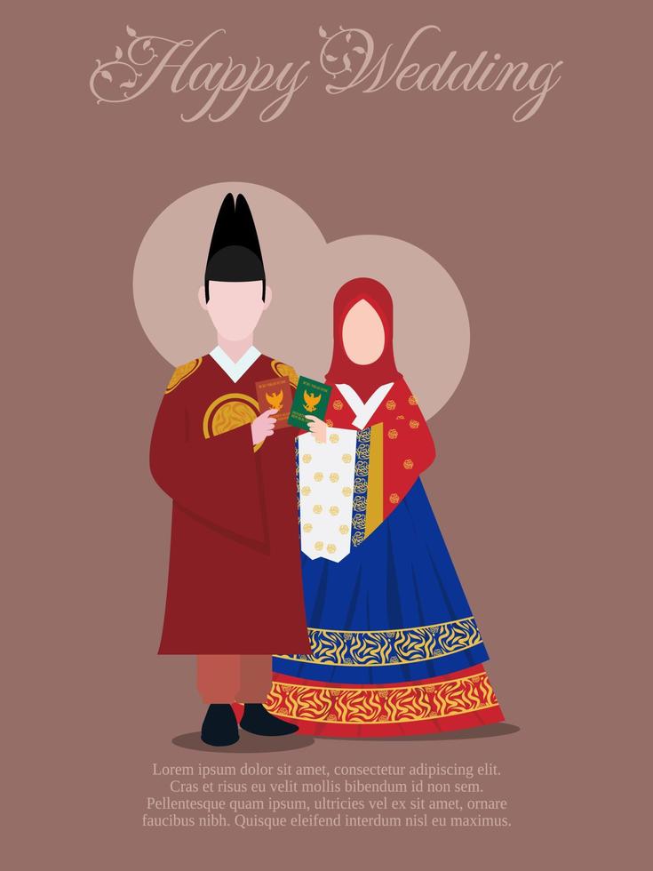 bride wearing colorful hanbok with islamic moslem style suitable for wedding invitation card vector