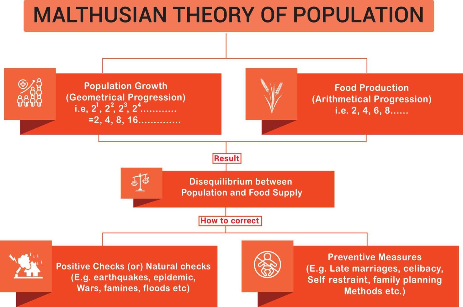 Malthusian Theory of Population infographic illustration. Thomas Robert Malthus developed the theory in 1798. Educational design. vector