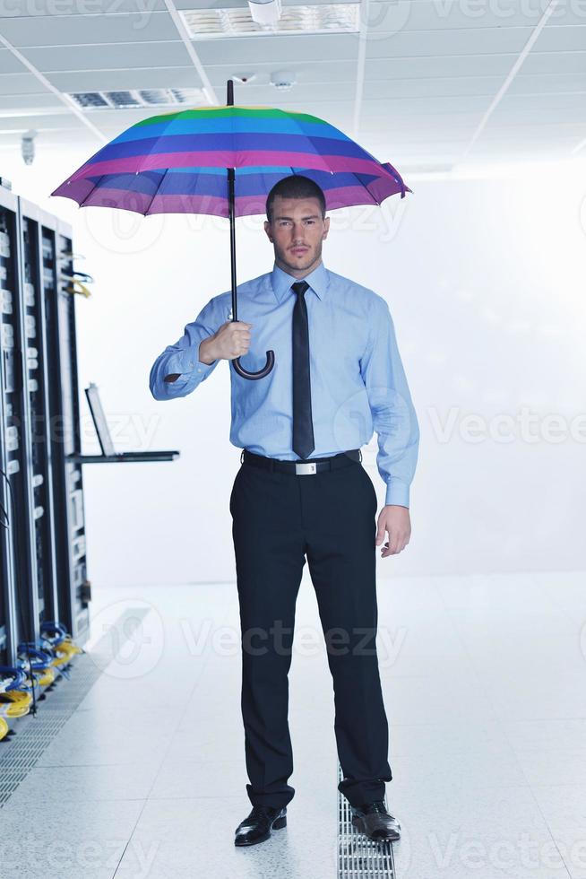 businessman hold umbrella in server room photo