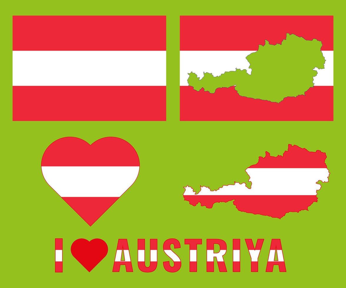 Set of vector illustrations with austria flag, country outline map and heart. Travel concept.