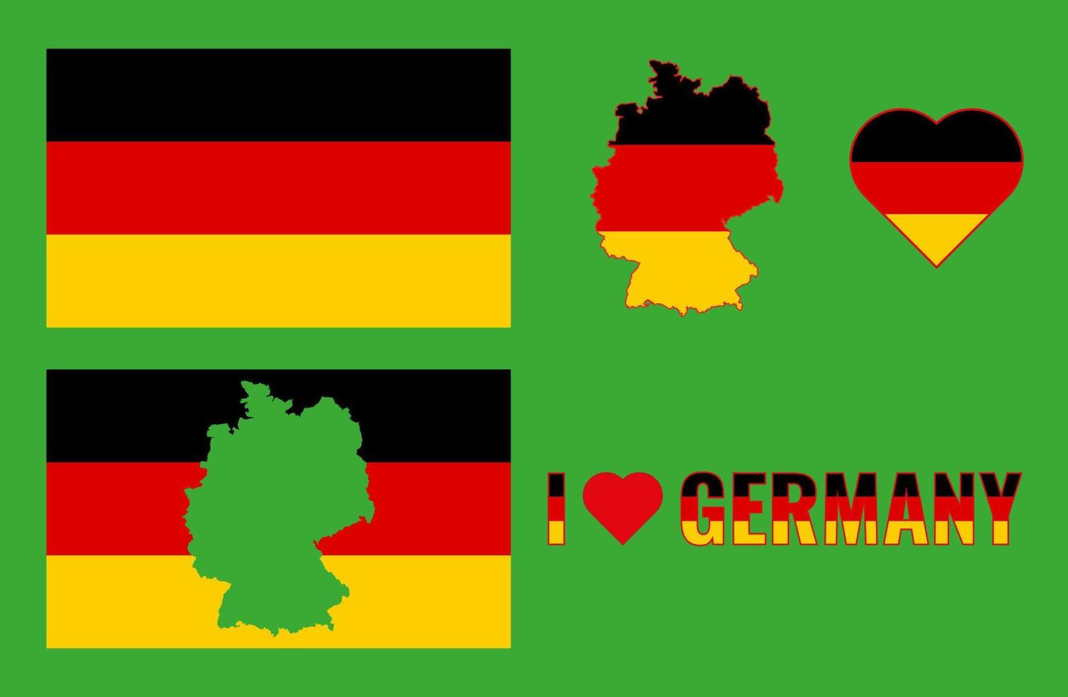 Set of vector illustrations with german flag, country outline map and heart. Travel concept.