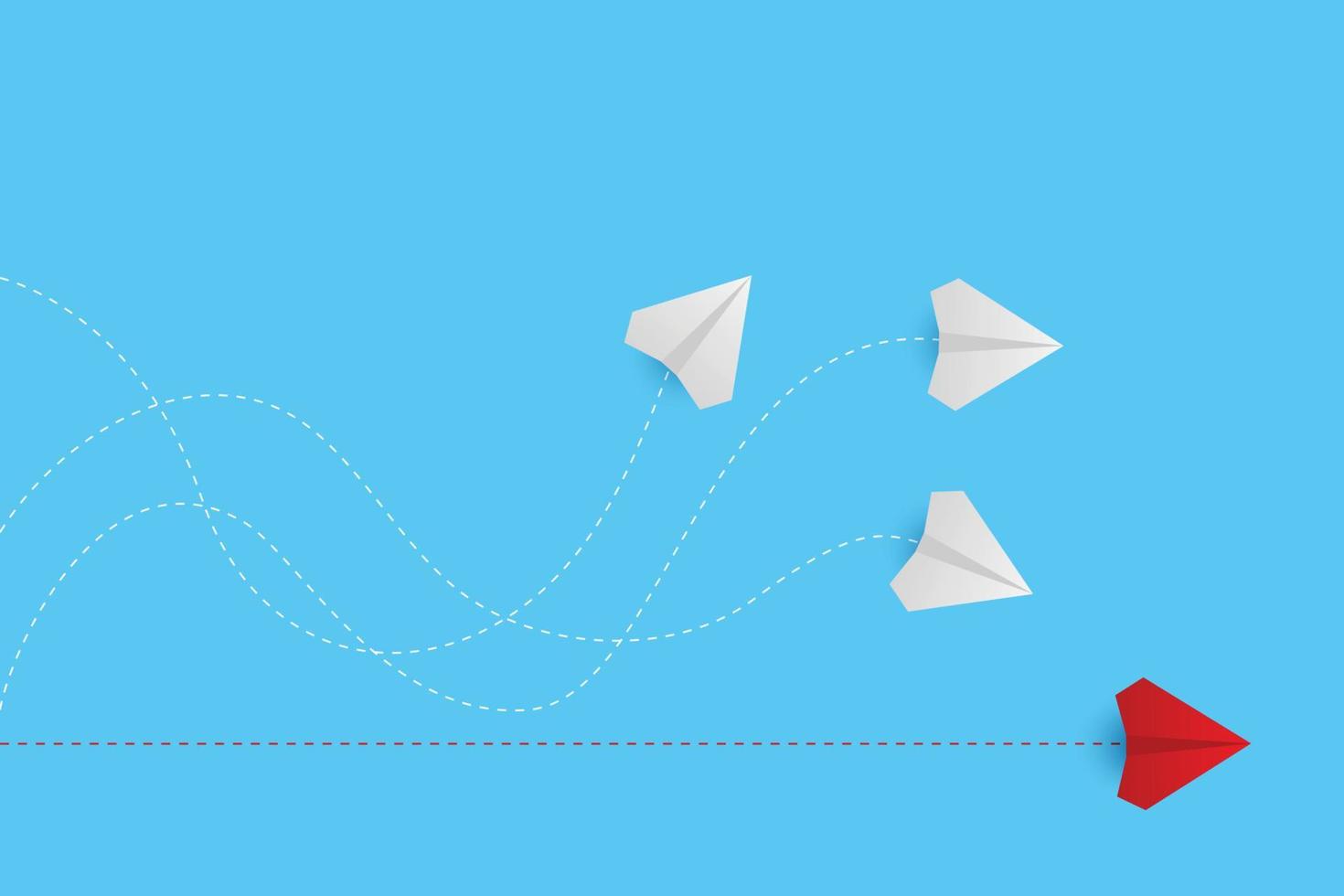 Creative paper planes on blue background. Think differently concept. Red airplane changing direction. New idea, change, trend, courage, creative solution, innovation and unique concept. vector