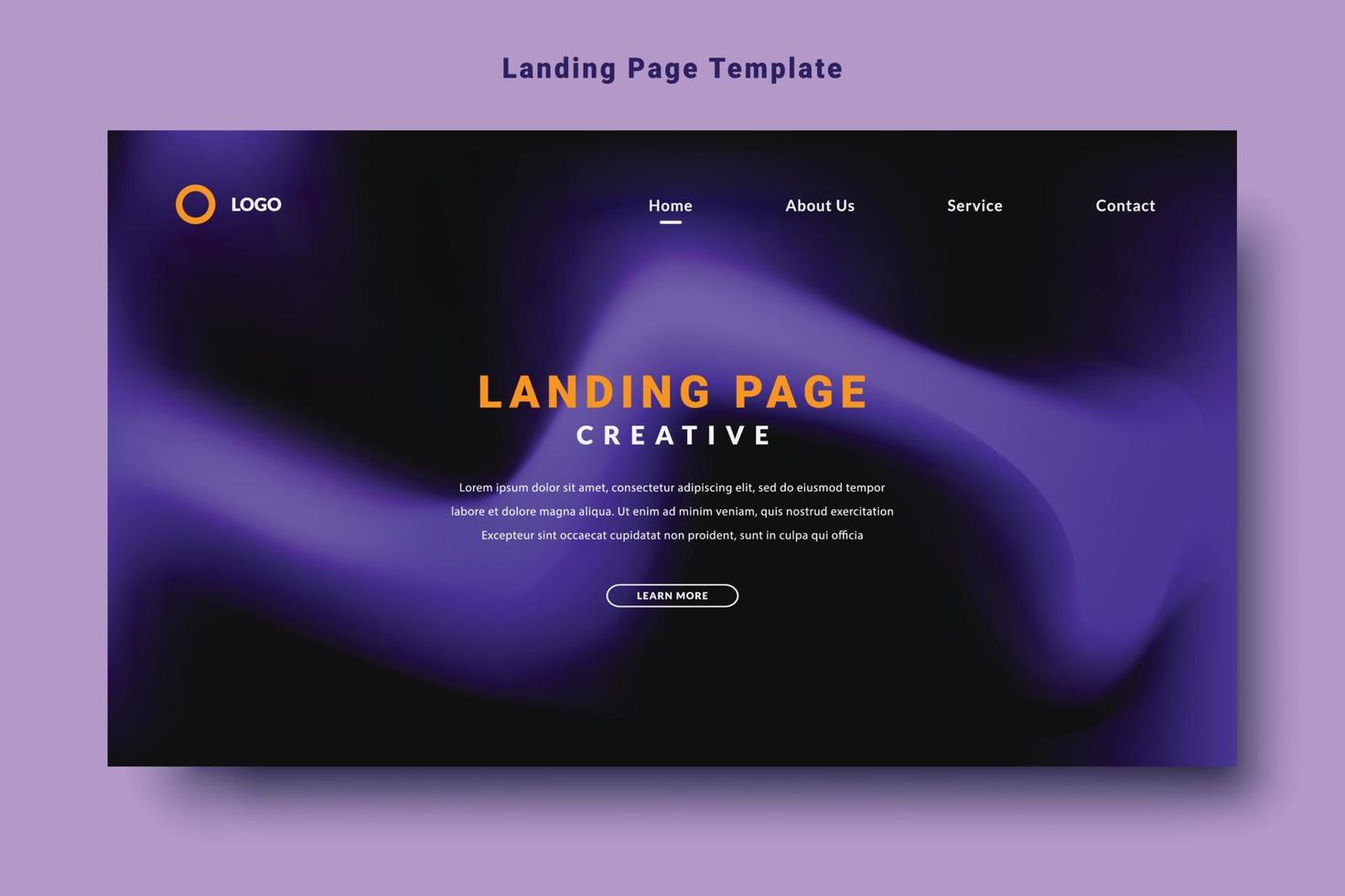 modern landing page template design, purple color abstract gradation fluid pattern style, dark background vector
