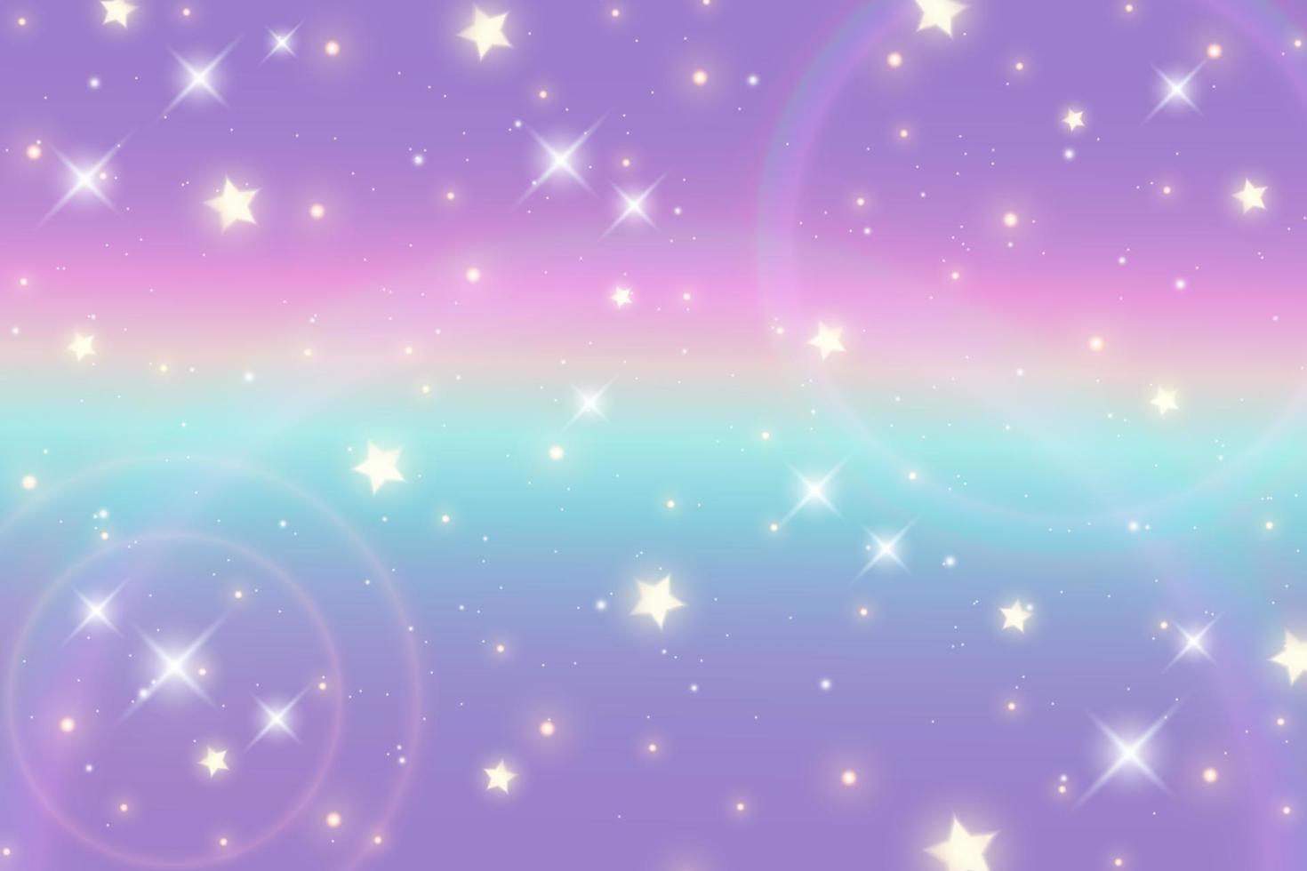 Holographic unicorn background with iridescent rainbow and glitter. Gradient pastel sky with sparkles. Galaxy wallpaper. Vector illustration.