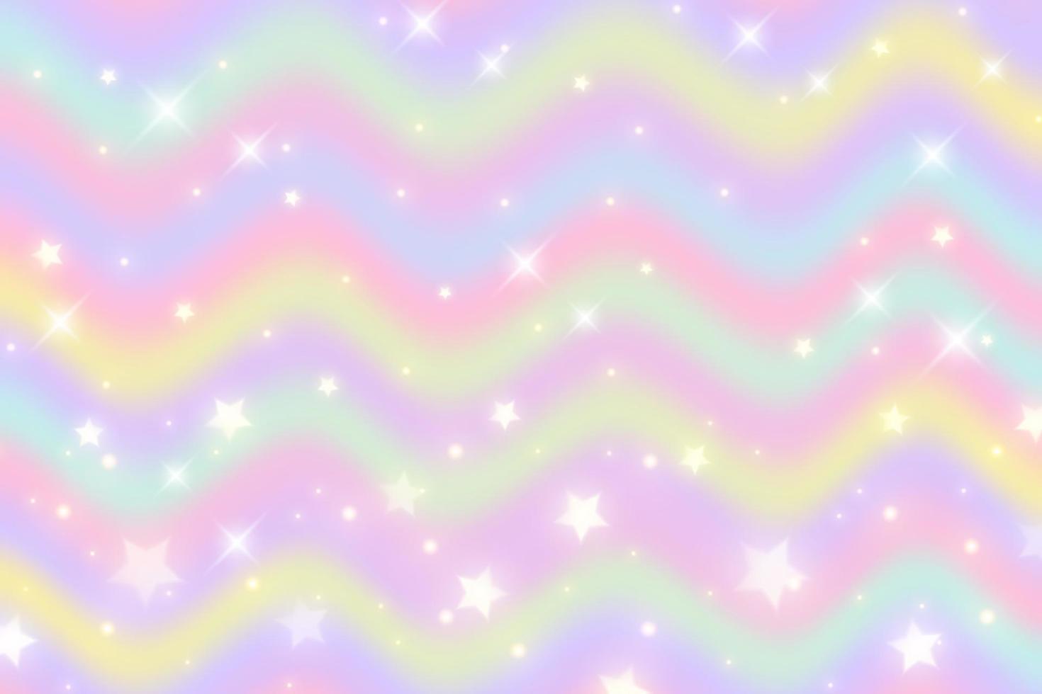 Rainbow background. Pattern in pastel colors. Wavy multicolored unicorn sky with stars and hearts. Vector