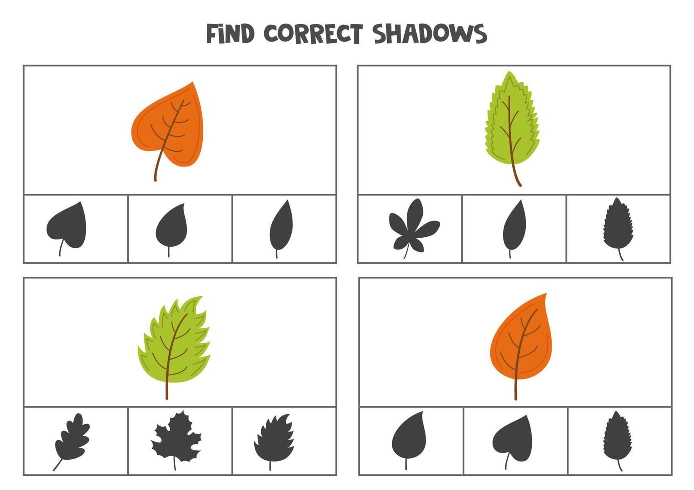 Find correct shadow of cute autumn leaves. Printable clip card games for children. vector