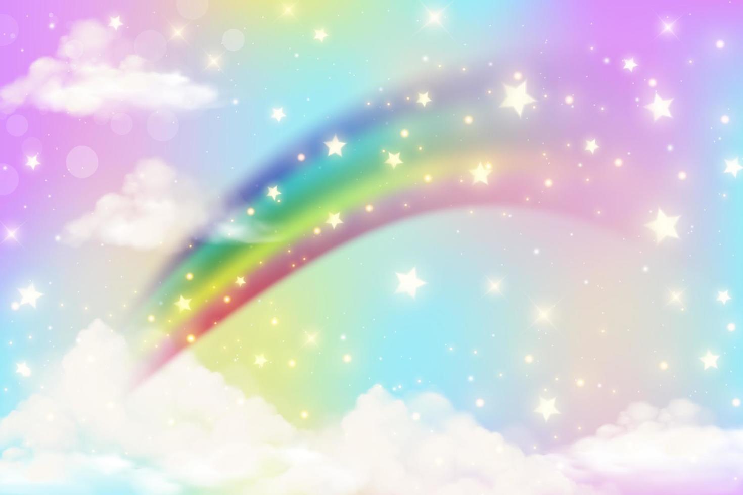 Abstract rainbow background with clouds and stars on sky. Fantasy pastel color unicorn wallpaper. Cute landscape. Vector illustration.