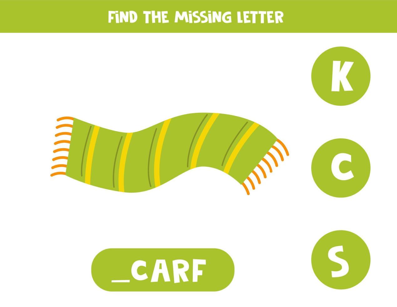 Find missing letter with hand drawn green scarf. Spelling worksheet. vector