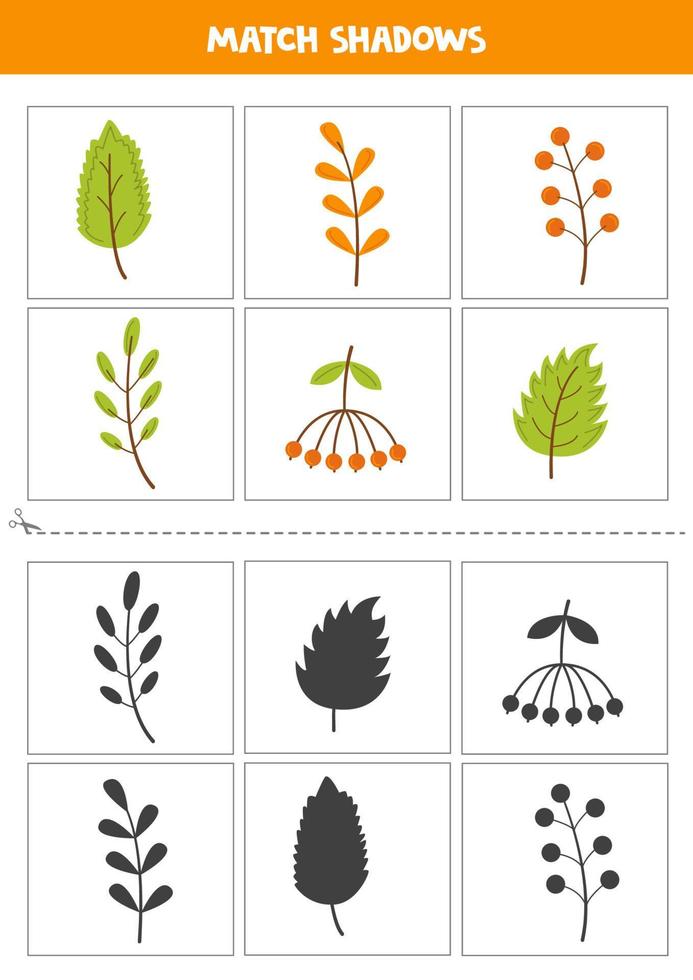 encontrar sombras de hojas de otoño. tarjetas para niños. vector