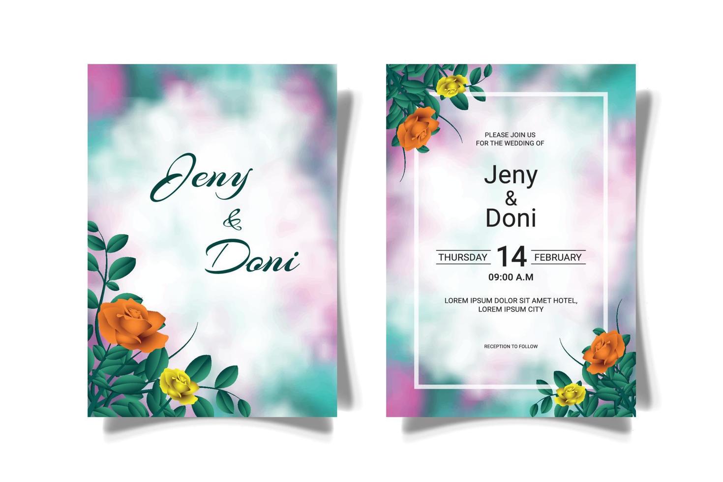 invitation card design template with rose flower ornament, watercolor style background vector