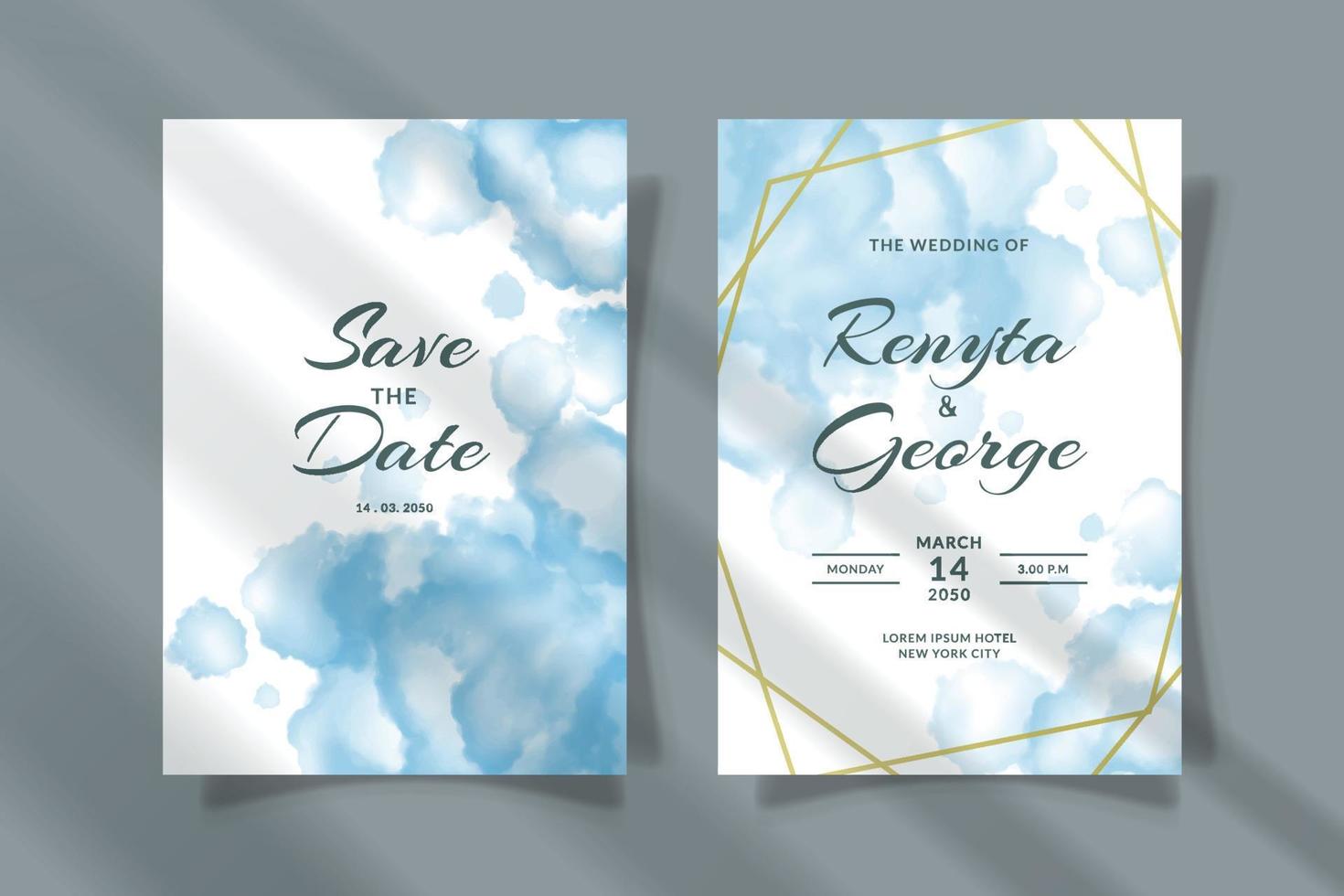 blue watercolor wedding invitation card template design vector