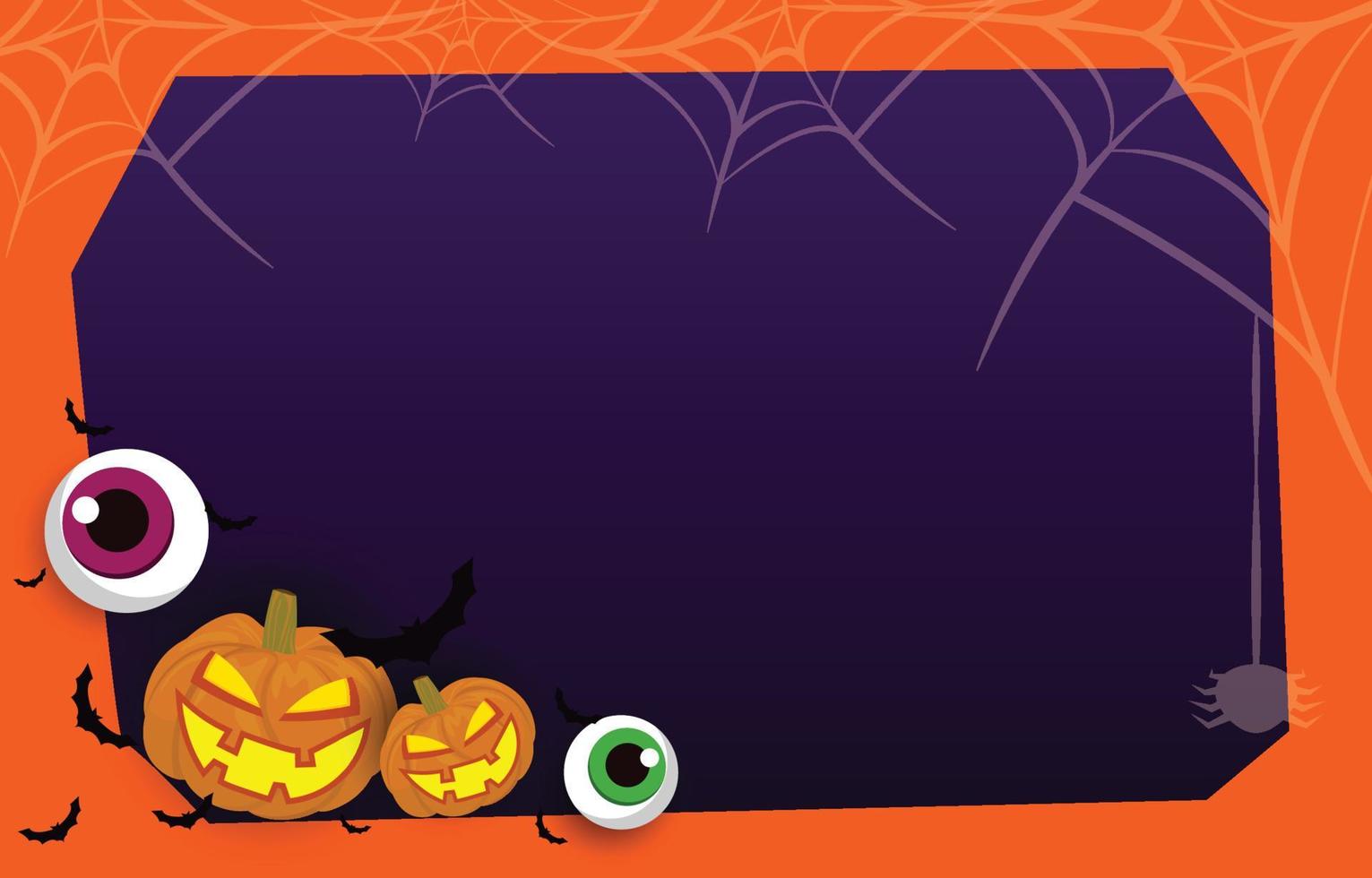 fondo de halloween decorado con calabazas fantasma, bola de ojos, murciélagos y arañas. con espacio de copia. vector de ilustración de concepto de día de terror y fantasma