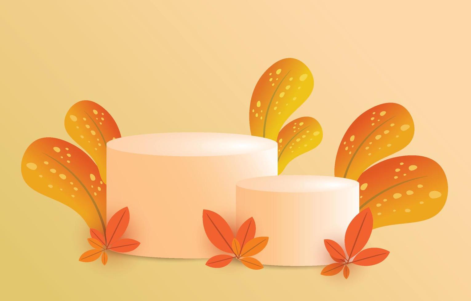 Light Brown cylindrical podium decorated with leaves. Autumn concept. Background for designing sales or advertising of fall festival products. vector illustration