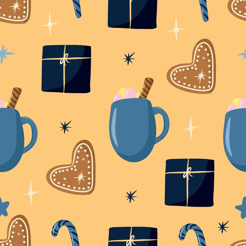 Seamless pattern with winter elements, hot drink, gingerbread, gift packaging, stars, cozy and cute pattern, cartoon and simplicity style, hygge winter, beige background, wrapping paper, scrapbooking vector