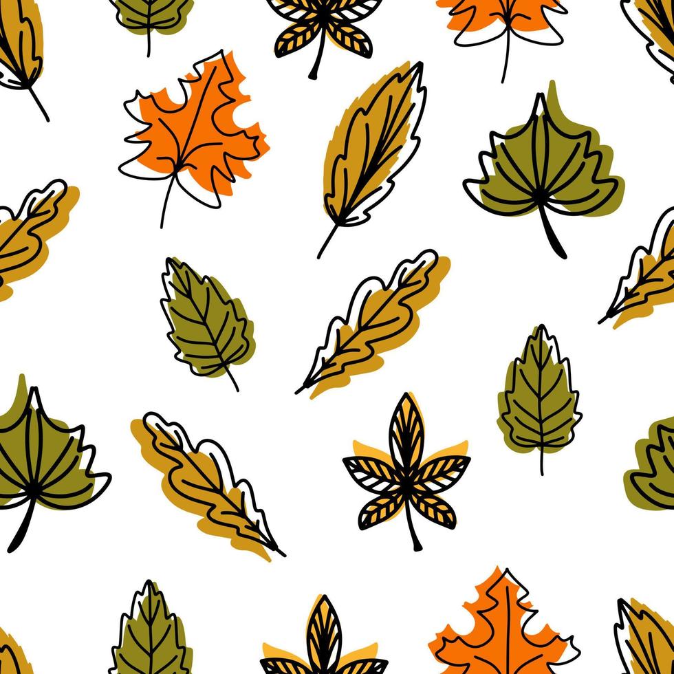 patrón lineal sin costuras de hojas de otoño caídas de diferentes formas. fondo de otoño, cartel con diferentes niveles. elementos estacionales de otoño para crear postales, invitaciones, dibujos animados de estilo plano vector