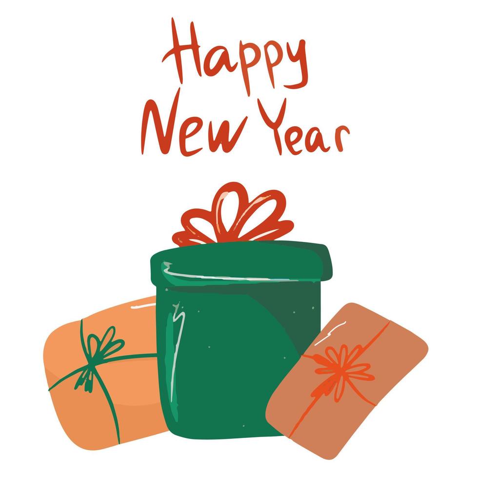 una postal con año nuevo y regalos de navidad, la inscripción año nuevo. regalos empaquetados. dibujado a mano, estilo de dibujos animados, ilustración vectorial vector