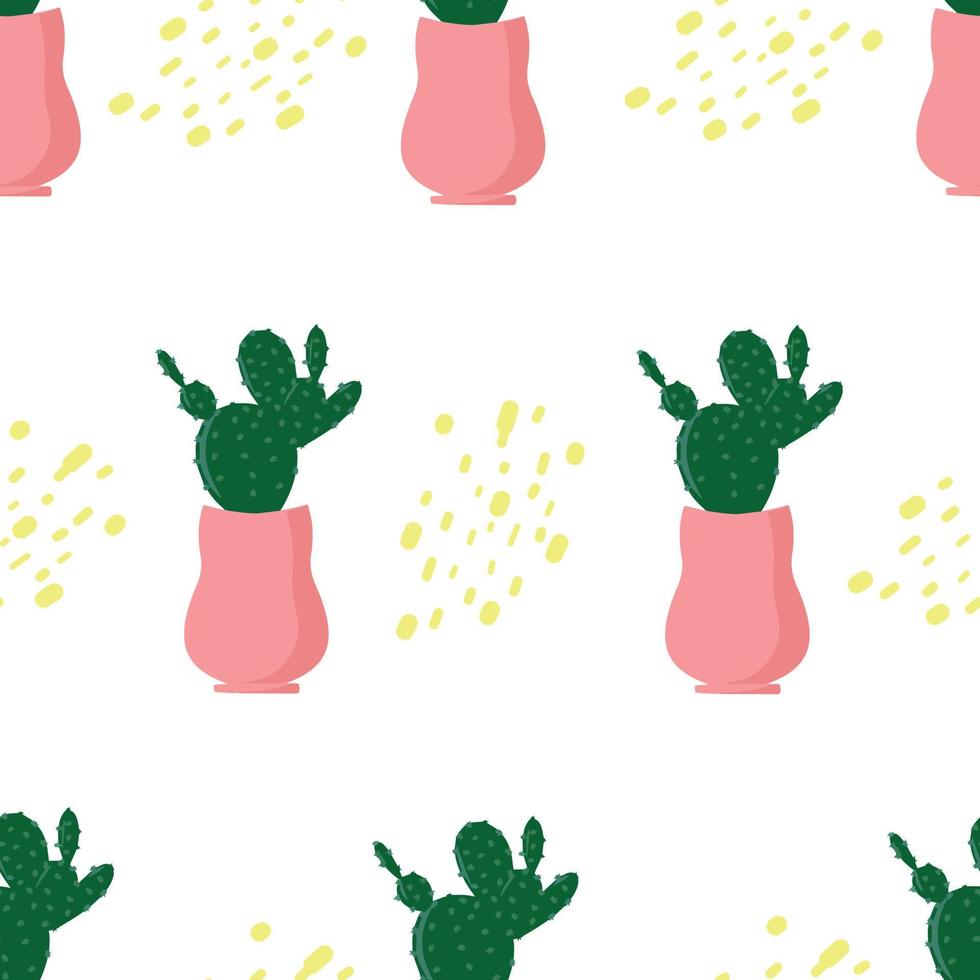 patrón impecable con cactus, patrón con cactus y palos, tema de verano, lindos cactus en macetas, estilo de dibujo lindo y de dibujos animados, colores pastel suaves, ilustración vectorial con plantas caseras vector