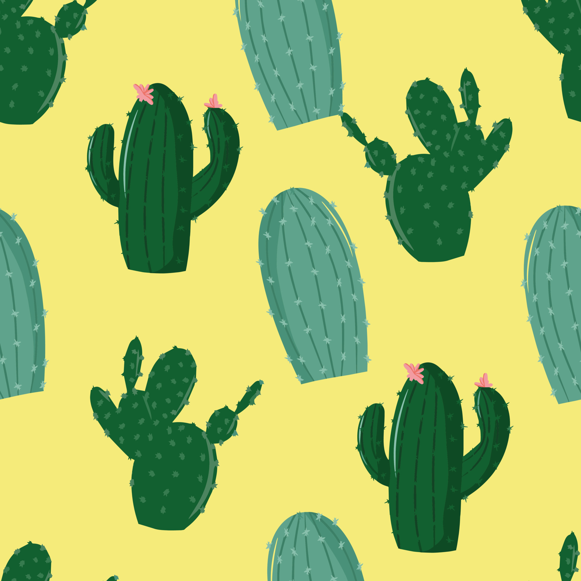 patrón impecable con varios cactus, textura brillante con cactus verdes,  dibujo a mano en estilo de dibujos animados, ilustración elegante y simple,  fondo con plantas desérticas, impresión vectorial para imprimir ropa de