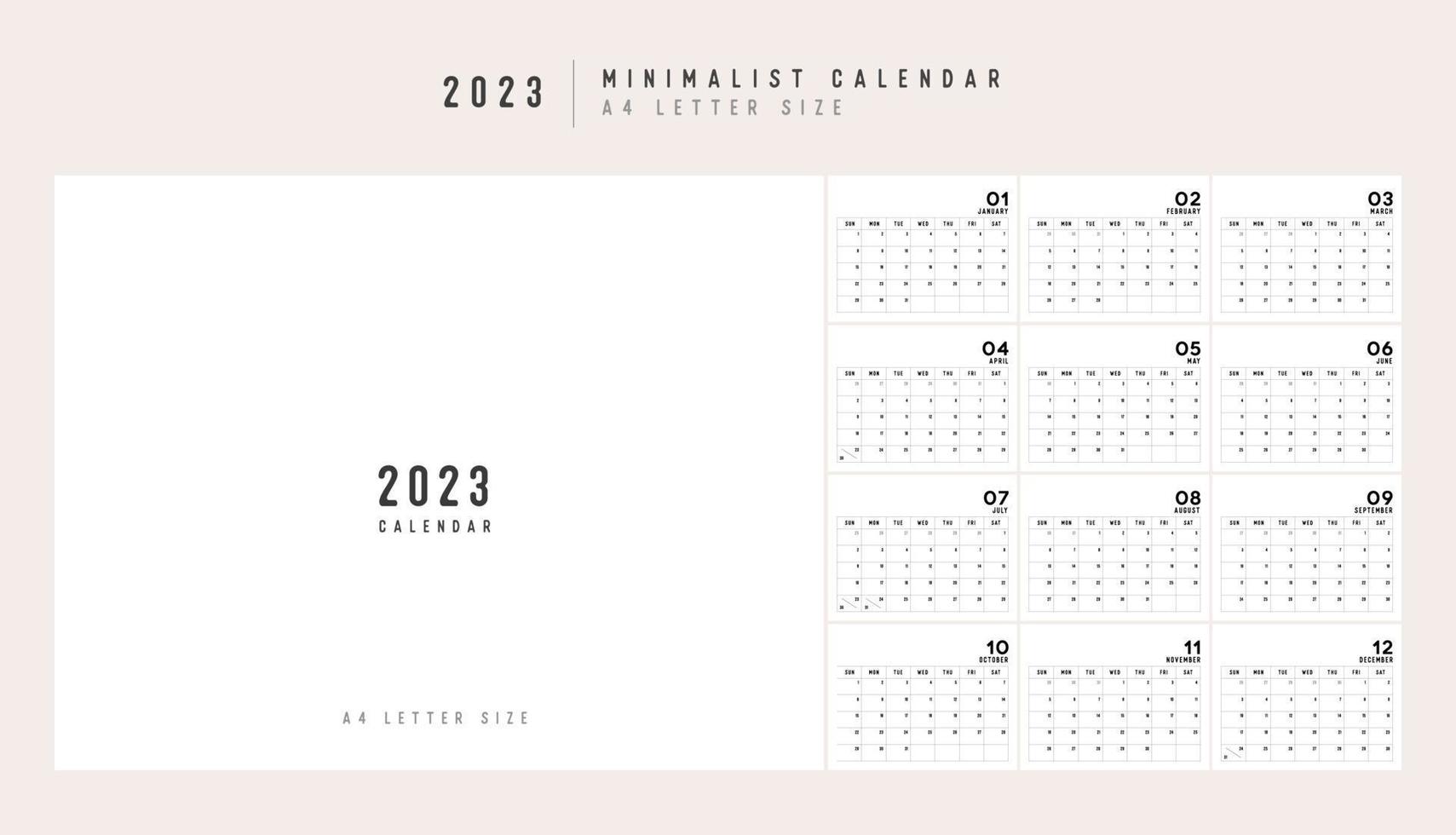 Planificador de calendario 2023 estilo minimalista. diseño de planificador de calendario mínimo clásico para imprimir un conjunto de plantillas de calendario de escritorio de 12 páginas. ilustración vectorial vector