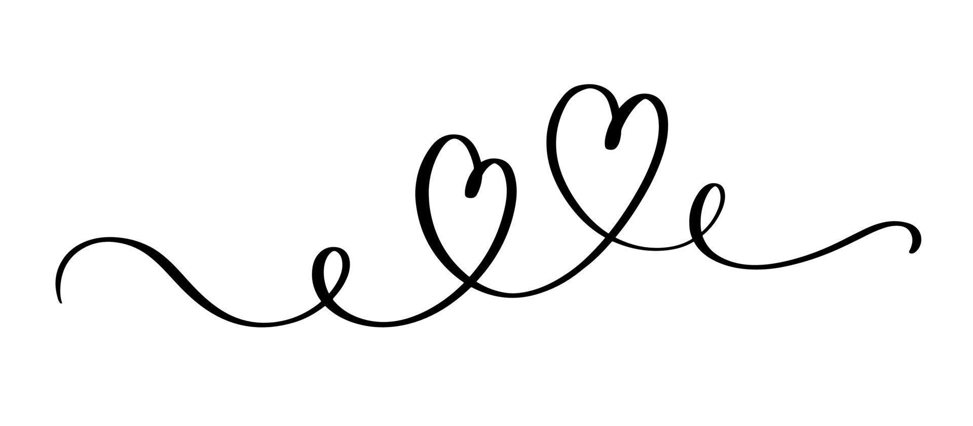 Heart and love swirl divider. Hand drawn sketch doodle style. Continious Line scribble heart thread vector illustration. Love and wedding concept.