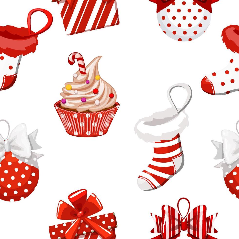 Seamless pattern for wrapping gift for Christmas. Vector illustration textural background with New Year s attributes, toys, sweets.