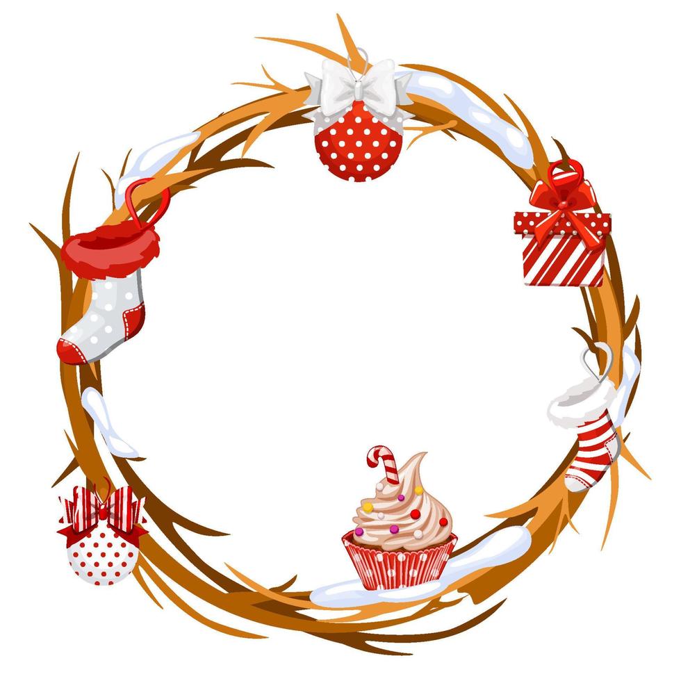 Cartoon circle twigs with Christmas attributes, sock, gift, cupcake and balls. Vector illustration of a cane wreath with snow for the game.