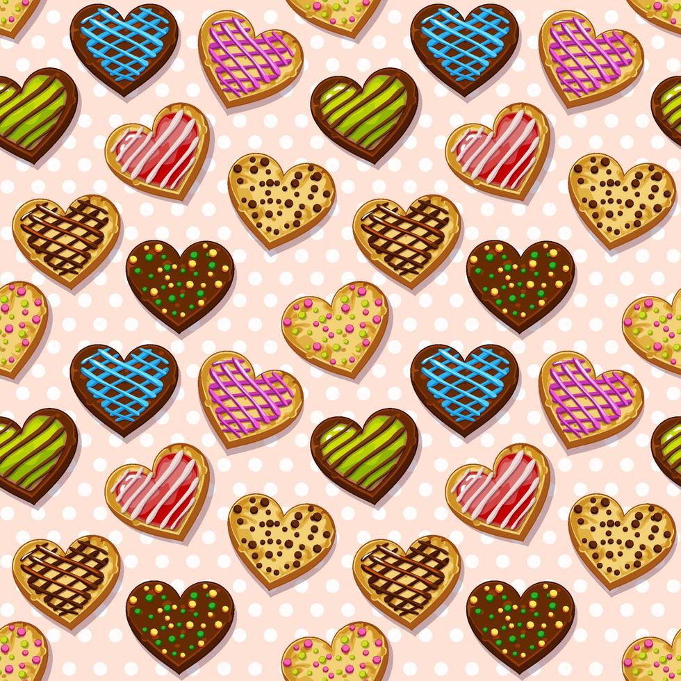 Textured seamless pattern sweet cookies heart shaped with glaze. Vector illustration cute pink background with colorful sweets for design.