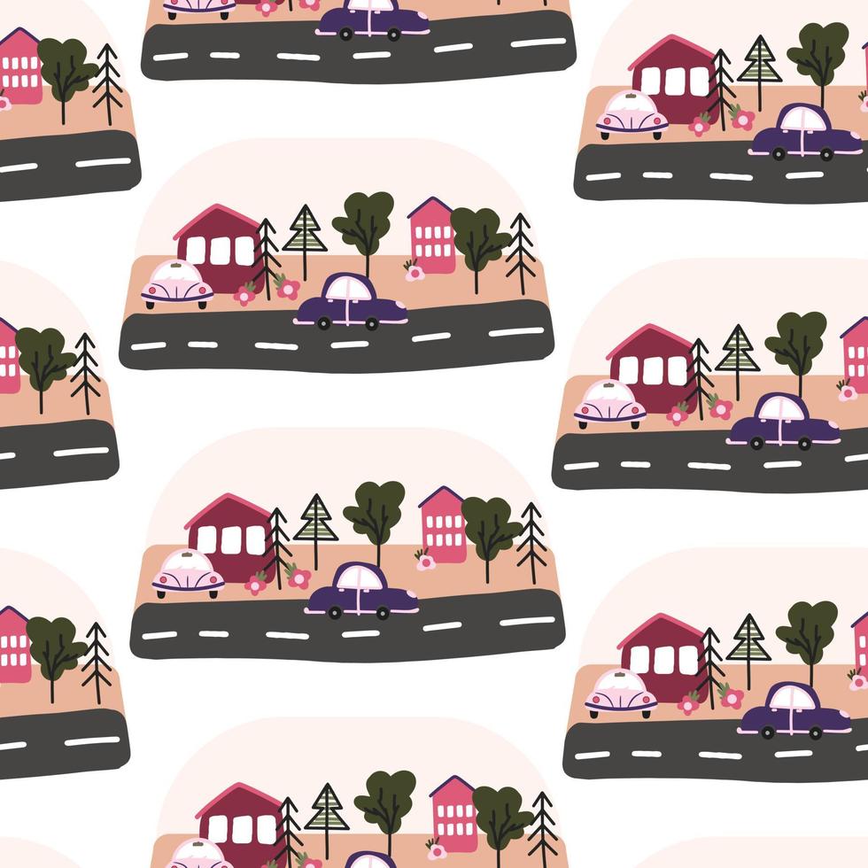 Seamless pattern with hand-drawn cars and houses, trees in the Scandinavian style, cartoon children's background, bright texture on the car theme, stylish and simple illustration, vector print