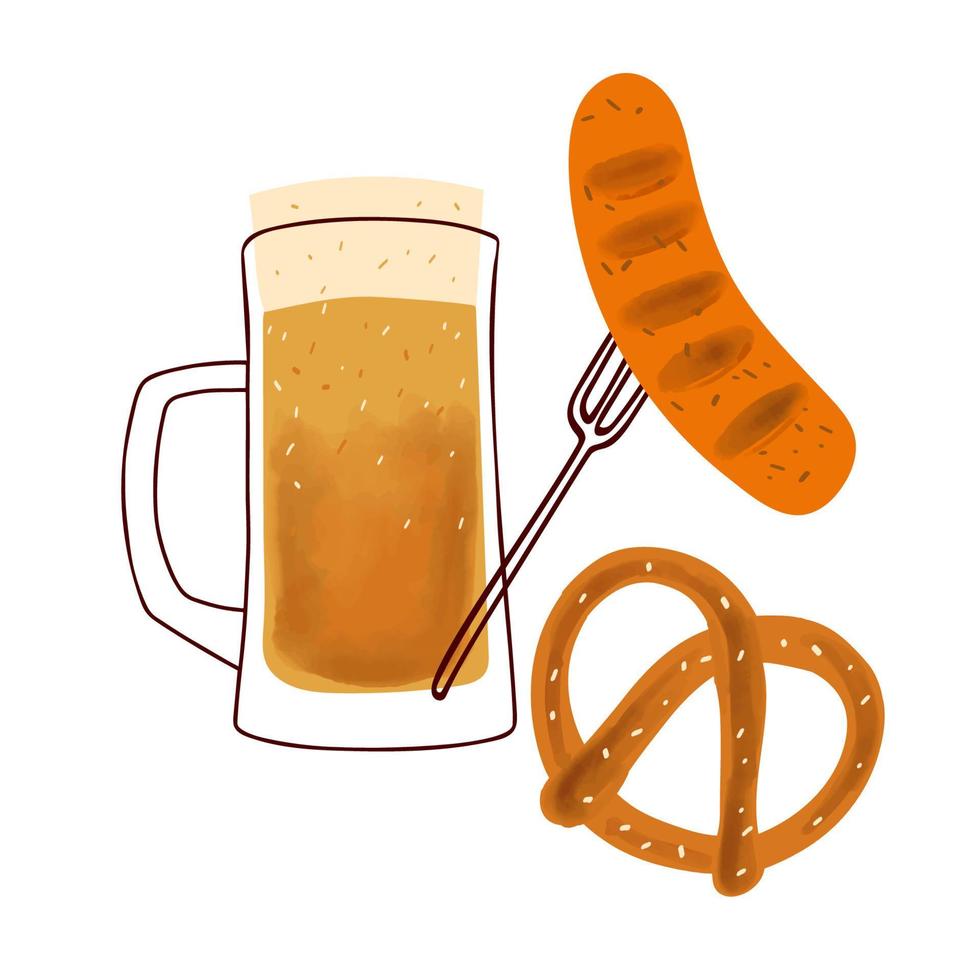 ilustración con jarra de cerveza estilizada, con salchicha a la parrilla de pretzel de aperitivo tradicional sobre fondo blanco vector