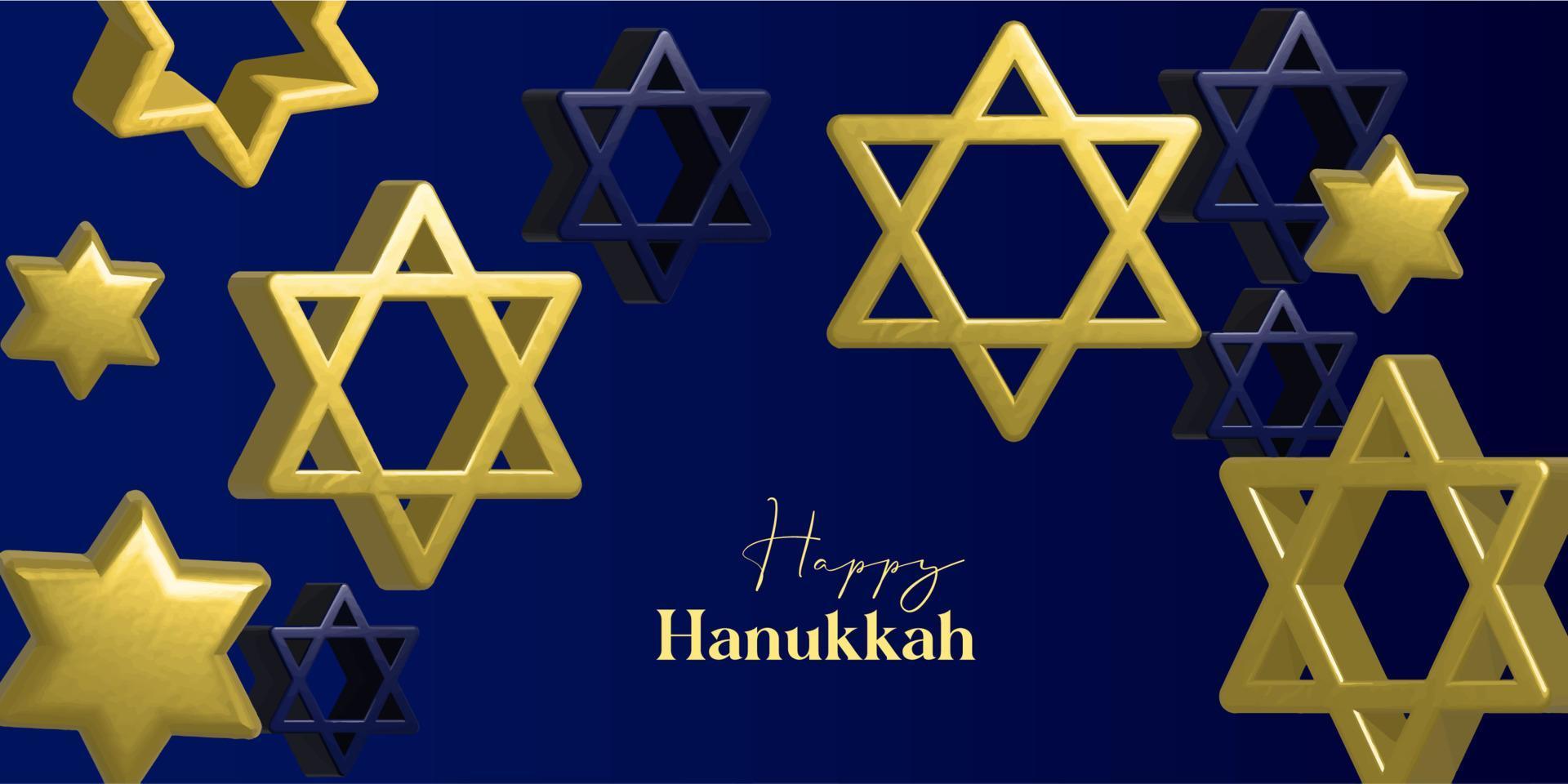 Happy Hanukkah card design with gold symbols on blue color background for Hanukkah Jewish holiday vector