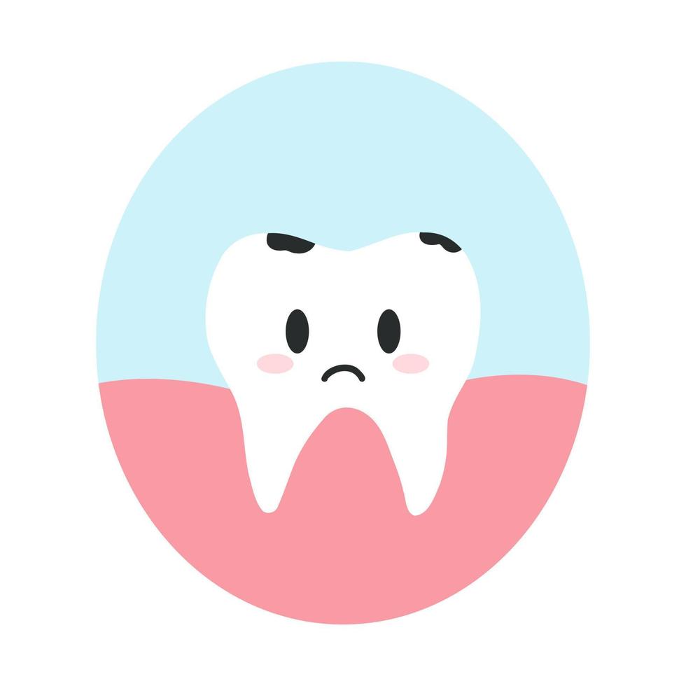 diente enfermo con caries en estilo plano de dibujos animados. ilustración vectorial del carácter de dientes malsanos descontentos, concepto de cuidado dental, higiene oral vector