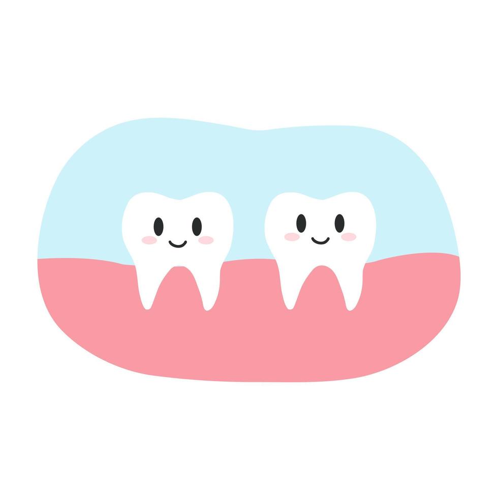Two cute smiling healthy teeth characters in cartoon flat style. Vector illustration of dental health concept, oral hygiene